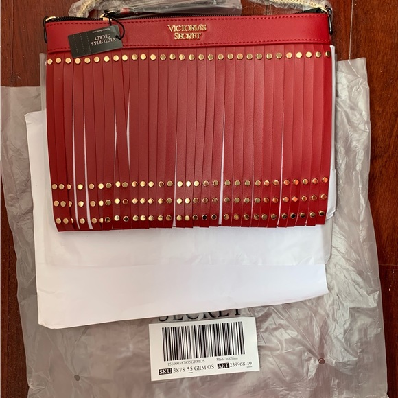 Victoria’s Secret Handbag 10x7 red leather studded fringe vintage NEW! - Picture 2 of 4